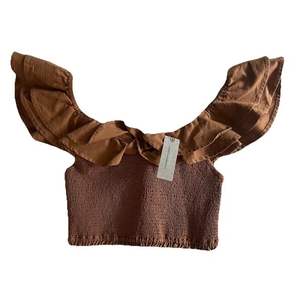 Anthropologie Maeve Ruffled Smocked Top Petite Ruched Stretch Ruffle Cropped 00P - Picture 2 of 9